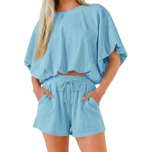 image:imageCicy Bell Women Summer 2 Piece Short Sets Puff Sleeve Crop Tops Lounge Sets  Cropped Tops and Shorts Bubble Casual Outfits Loose fit  Comfy Short Sleeve Crew Neck DrawstringTrendy CozyBluish Gray