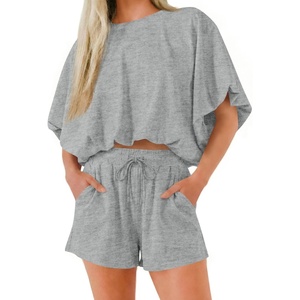 image:imageCicy Bell Women Summer 2 Piece Short Sets Puff Sleeve Crop Tops Lounge Sets  Cropped Tops and Shorts Bubble Casual Outfits Loose fit  Comfy Short Sleeve Crew Neck DrawstringTrendy CozyGray