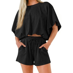 image:imageCicy Bell Women Summer 2 Piece Short Sets Puff Sleeve Crop Tops Lounge Sets  Cropped Tops and Shorts Bubble Casual Outfits Loose fit  Comfy Short Sleeve Crew Neck DrawstringTrendy CozyBlack