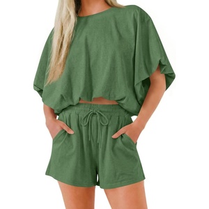 image:imageCicy Bell Women Summer 2 Piece Short Sets Puff Sleeve Crop Tops Lounge Sets  Cropped Tops and Shorts Bubble Casual Outfits Loose fit  Comfy Short Sleeve Crew Neck DrawstringTrendy CozyDeep Green