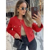 image:imageCicy Bell Womens Cropped Tweed Blazers Jacket Collarless Button Down CoatsRed