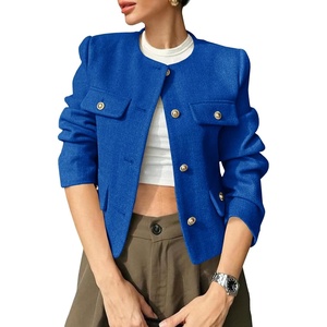 image:imageCicy Bell Womens Cropped Tweed Blazers Jacket Collarless Button Down CoatsRoyal Blue