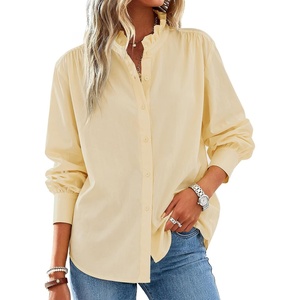 image:imageCicy Bell Womens Oversized Button Down Shirts Long Sleeve Ruffle Collar TopLight Khaki