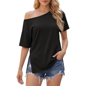 image:imageCicy Bell Womens One Shoulder Tops Summer Short Sleeve Side Split T ShirtsBlack