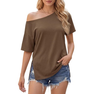 image:imageCicy Bell Womens One Shoulder Tops Summer Short Sleeve Side Split T ShirtsBrown