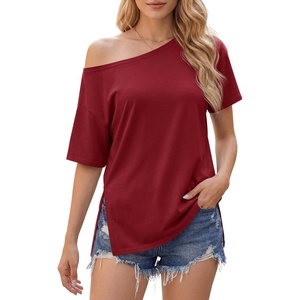image:imageCicy Bell Womens One Shoulder Tops Summer Short Sleeve Side Split T ShirtsWine Red