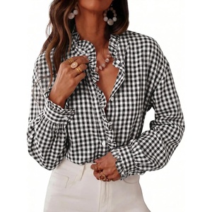 image:imageCicy Bell Womens Plaid Shirts Ruffle Puff Long Sleeve V Neck Gingham TopsBlack