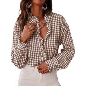 image:imageCicy Bell Womens Plaid Shirts Ruffle Puff Long Sleeve V Neck Gingham TopsCoffee