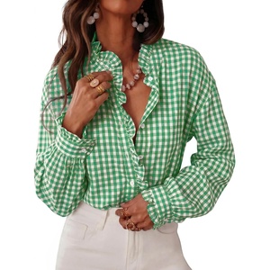 image:imageCicy Bell Womens Plaid Shirts Ruffle Puff Long Sleeve V Neck Gingham TopsGreen