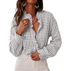 image:imageCicy Bell Womens Plaid Shirts Ruffle Puff Long Sleeve V Neck Gingham TopsGrey