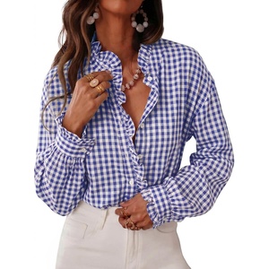 image:imageCicy Bell Womens Plaid Shirts Ruffle Puff Long Sleeve V Neck Gingham TopsNavy