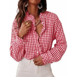 image:imageCicy Bell Womens Plaid Shirts Ruffle Puff Long Sleeve V Neck Gingham TopsRed