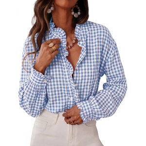 image:imageCicy Bell Womens Plaid Shirts Ruffle Puff Long Sleeve V Neck Gingham TopsSky Blue